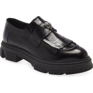 Kurt Geiger Black Leather Fringe Kiltie Lug Sole Loafers